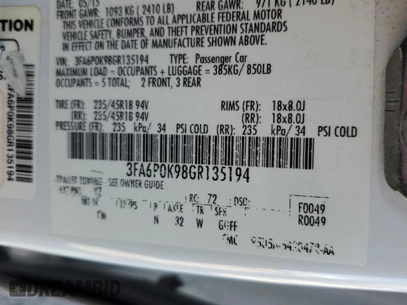 2016 Ford Fusion Titanium with VIN 3FA6P0K98GR135194, listed as a Copart auction lot 49713695 with 157,803 mi miles and Salvage Title. Bid and sale history available at DreamBid. Image 12.