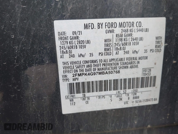 2021 Ford Edge SE with VIN 2FMPK4G97MBA50768, listed as a IAAI auction lot 42748557 with 89,523 mi miles and . Bid and sale history available at DreamBid. Image 9.
