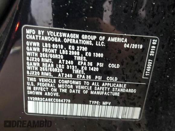 2019 Volkswagen Atlas SEL R-Line with VIN 1V2RR2CA6KC564779, listed as a Copart auction lot 52622765 with 52,615 mi miles and Salvage title. Bid and sale history available at DreamBid. Image 13.