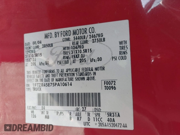 2005 Ford Ranger XLT z VIN 1FTZR45E75PA10614, wystawiony jako IAAI lot #40711350 z przebiegiem 145 664 mil mil oraz . Historia ofert i sprzedaży dostępna na DreamBid. Obrazek 9.