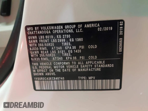 2019 Volkswagen Atlas SE z VIN 1V2UR2CA2KC545740, wystawiony jako IAAI lot #41968203 z przebiegiem 78 080 mil mil oraz . Historia ofert i sprzedaży dostępna na DreamBid. Obrazek 9.