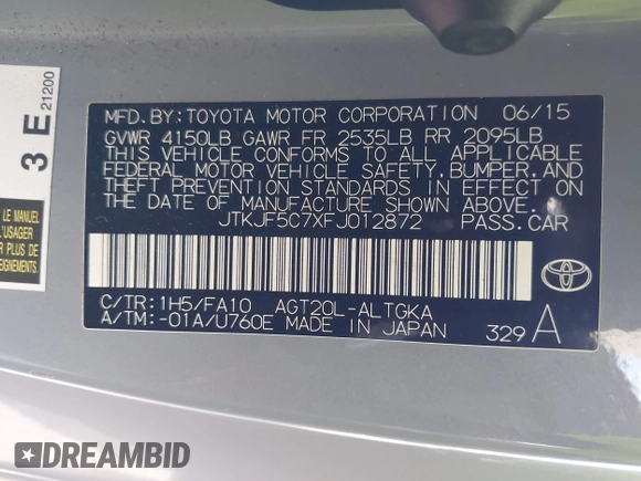 2015 Scion tC with VIN JTKJF5C7XFJ012872, listed as a IAAI auction lot 42128621 with 100,832 mi miles. Bid and sale history available at carsss.com. Image 9.