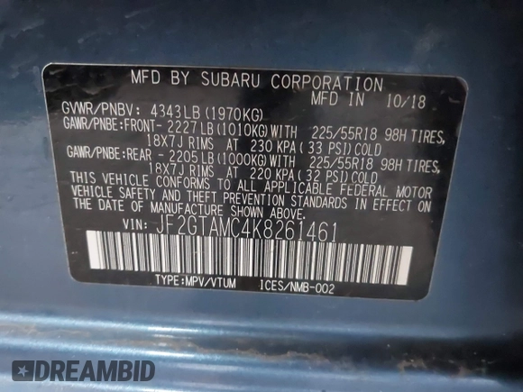 2019 Subaru Crosstrek Limited with VIN JF2GTAMC4K8261461, listed as a IAAI auction lot 42130618 with 65,378 mi miles and . Bid and sale history available at DreamBid. Image 9.
