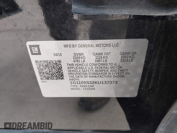 2019 Chevrolet Impala Premier with VIN 1G1105S32KU137373, listed as a IAAI auction lot 41785151 with 132,166 mi miles and . Bid and sale history available at DreamBid. Image 9.