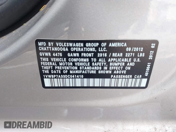 2013 Volkswagen Passat SE with VIN 1VWBP7A33DC041410, listed as a IAAI auction lot 42427033 with Not provided miles and . Bid and sale history available at DreamBid. Image 9.