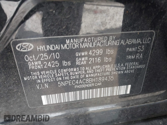 2011 Hyundai Sonata Limited with VIN 5NPEC4AC8BH189435, listed as a IAAI auction lot 41990447 with 115,091 mi miles and . Bid and sale history available at DreamBid. Image 9.
