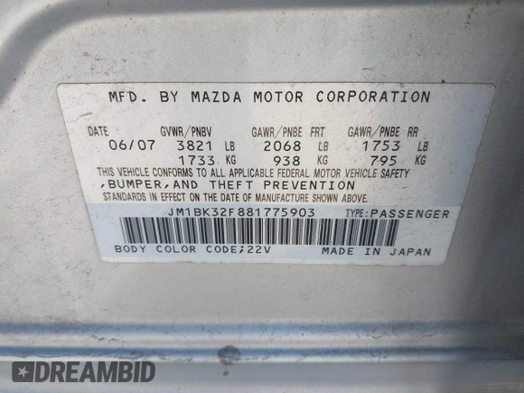 2008 Mazda 3 i Sport with VIN JM1BK32F881775903, listed as a IAAI auction lot 41878314 with 128,232 mi miles and . Bid and sale history available at DreamBid. Image 9.