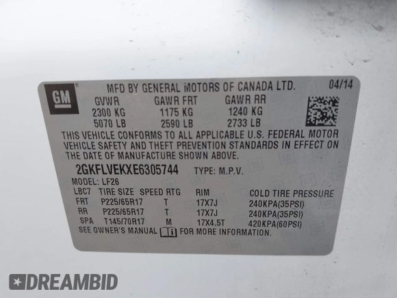 2014 GMC Terrain SLE with VIN 2GKFLVEKXE6305744, listed as a IAAI auction lot 42468529 with 82,862 mi miles and . Bid and sale history available at DreamBid. Image 9.