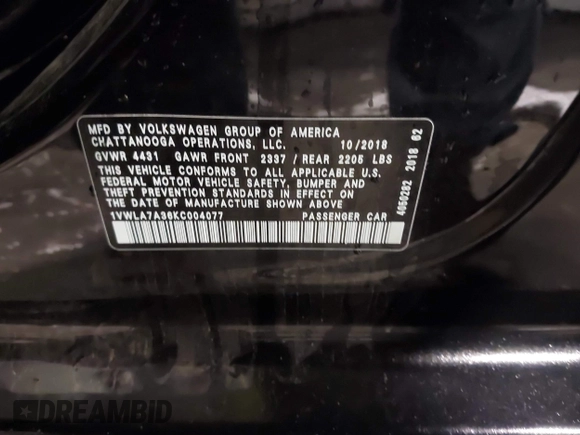 2019 Volkswagen Passat Wolfsburg Edition z VIN 1VWLA7A36KC004077, wystawiony jako IAAI lot #42164379 z przebiegiem 50 498 mil mil oraz . Historia ofert i sprzedaży dostępna na DreamBid. Obrazek 9.
