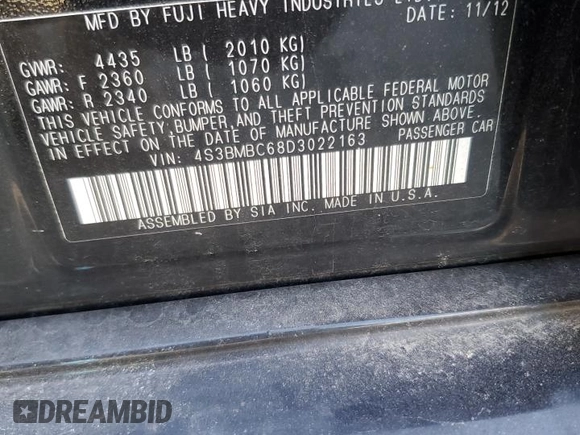 2013 Subaru Legacy Premium with VIN 4S3BMBC68D3022163, listed as a Copart auction lot 87530865 with 123,717 mi miles and Clean Title. Bid and sale history available at DreamBid. Image 12.
