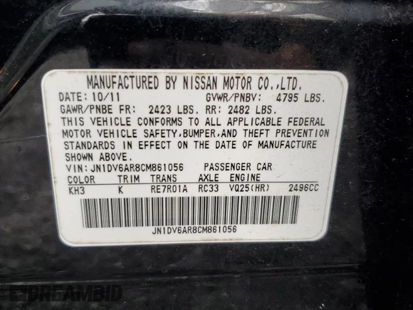 2012 Infiniti G25 x z VIN JN1DV6AR8CM861056, wystawiony jako Copart lot #51791045 z przebiegiem Nie podano mil oraz Szkoda całkowita • Salvage title. Historia ofert i sprzedaży dostępna na DreamBid. Obrazek 12.