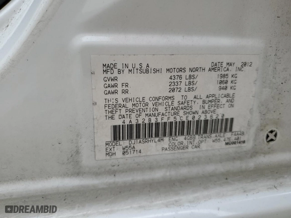 2012 Mitsubishi Galant ES with VIN 4A32B3FF5CE023620, listed as a Copart auction lot 74899474 with 111,670 mi miles and Salvage Title. Bid and sale history available at carsss.com. Image 14.