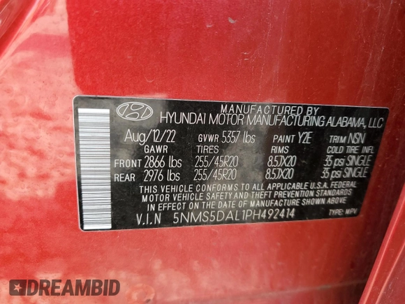 2023 Hyundai Santa Fe Calligraphy with VIN 5NMS5DAL1PH492414, listed as a Copart auction lot 64307095 with 62,011 mi miles and Non repairable. Bid and sale history available at DreamBid. Image 12.
