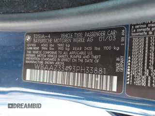 2003 BMW 3 Series 325i with VIN WBAAZ33493PH33881, listed as a IAAI auction lot 41866926 with 183,951 mi miles. Bid and sale history available at carsss.com. Image 9.
