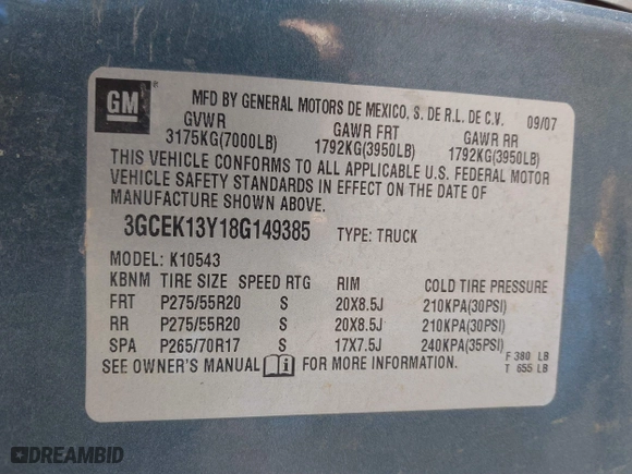 2008 Chevrolet Silverado 1500 LTZ with VIN 3GCEK13Y18G149385, listed as a IAAI auction lot 41223162 with 290,166 mi miles. Bid and sale history available at carsss.com. Image 9.