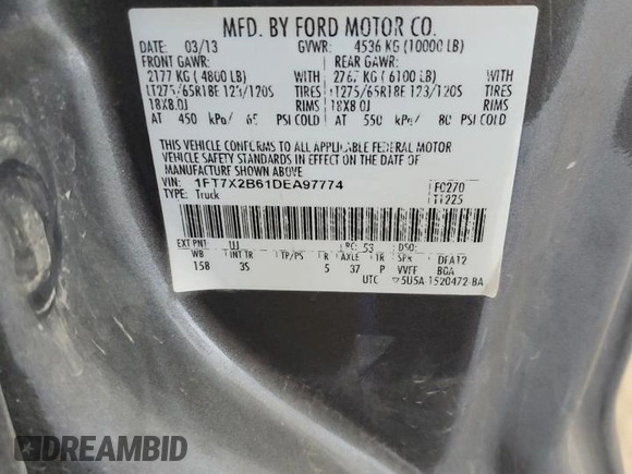 2013 Ford F-250 XL with VIN 1FT7X2B61DEA97774, listed as a Copart auction lot 87680145 with 190,135 mi miles and Salvage Title. Bid and sale history available at DreamBid. Image 12.