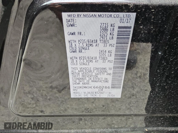 2017 Nissan Pathfinder S with VIN 5N1DR2MN1HC660286, listed as a Copart auction lot 50412525 with 118,403 mi miles and Clean Title. Bid and sale history available at carsss.com. Image 13.