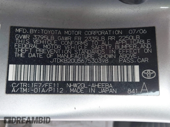 2006 Toyota Prius with VIN JTDKB20U567530398, listed as a IAAI auction lot 41803977 with 246,669 mi miles. Bid and sale history available at carsss.com. Image 9.