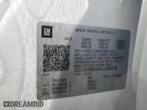 2019 Chevrolet Colorado 2WD Work Truck с VIN 1GCGSBEN2K1300578, выставлен на аукционе Copart как лот 54346085 с пробегом 80 888 миль миль и Списание • Salvage title. История ставок и продаж доступна на DreamBid. Изображение 12.