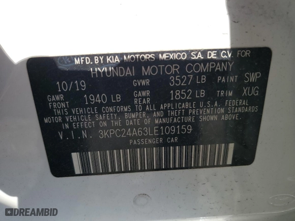 2020 Hyundai Accent SE with VIN 3KPC24A63LE109159, listed as a Copart auction lot 46478635 with 58,595 mi miles and Salvage Title. Bid and sale history available at carsss.com. Image 13.