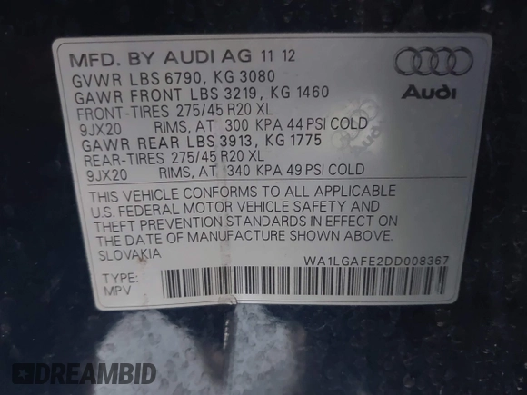 2013 Audi Q7 Premium Plus z VIN WA1LGAFE2DD008367, wystawiony jako IAAI lot #42164926 z przebiegiem 124 207 mil mil oraz . Historia ofert i sprzedaży dostępna na DreamBid. Obrazek 9.