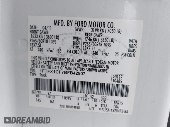 2011 Ford F-150 XL with VIN 1FTFX1CF7BFB42907, listed as a IAAI auction lot 41336158 with 319,430 mi miles. Bid and sale history available at carsss.com. Image 9.