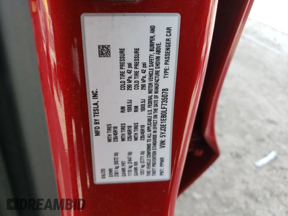 2020 Tesla Model 3 Long Range with VIN 5YJ3E1EB0LF735078, listed as a Copart auction lot 48423235 with 35,306 mi miles and Salvage Title. Bid and sale history available at carsss.com. Image 12.