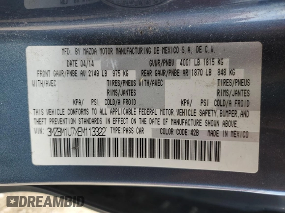 2014 Mazda 3 i Sport with VIN 3MZBM1U7XEM113322, listed as a Copart auction lot 62090905 with 131,743 mi miles and Salvage title. Bid and sale history available at DreamBid. Image 12.