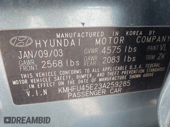 2003 Hyundai XG with VIN KMHFU45E23A259285, listed as a IAAI auction lot 41755815 with 62,134 mi miles and . Bid and sale history available at DreamBid. Image 9.