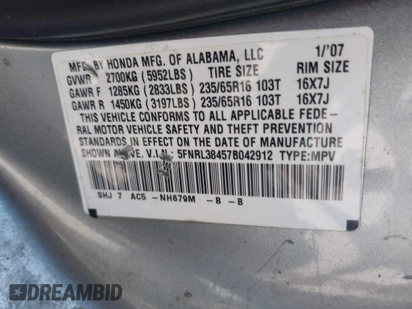 2007 Honda Odyssey EX with VIN 5FNRL38457B042912, listed as a IAAI auction lot 41992847 with 194,822 mi miles and . Bid and sale history available at DreamBid. Image 9.