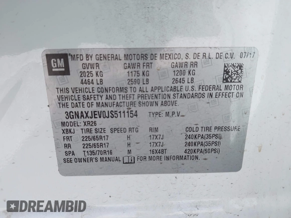2018 Chevrolet Equinox LT with VIN 3GNAXJEV0JS511154, listed as a IAAI auction lot 42040042 with 149,839 mi miles and . Bid and sale history available at carsss.com. Image 9.