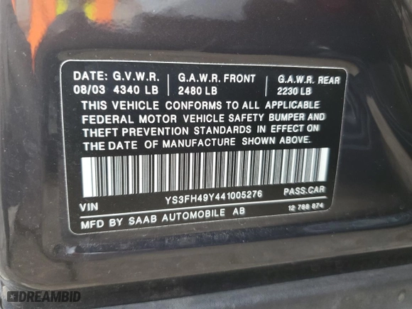 2004 Saab 9-3 Aero with VIN YS3FH49Y441005276, listed as a Copart auction lot 82493864 with 72,533 mi miles and Clean Title. Bid and sale history available at carsss.com. Image 12.