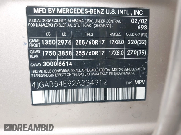 2002 Mercedes-Benz M 320/430/500 с VIN 4JGAB54E92A334912, выставлен на аукционе IAAI как лот 41825224 с пробегом 172 579 миль миль и . История ставок и продаж доступна на DreamBid. Изображение 9.