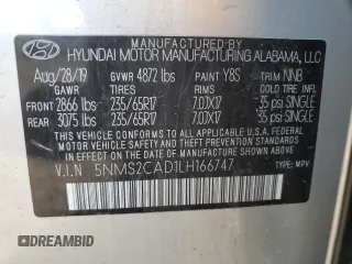 2020 Hyundai Santa Fe SE with VIN 5NMS2CAD1LH166747, listed as a Copart auction lot 57093145 with 62,744 mi miles and Salvage title. Bid and sale history available at DreamBid. Image 13.