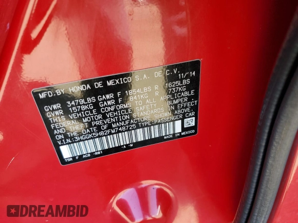 2015 Honda Fit EX-L with VIN 3HGGK5H82FM748725, listed as a Copart auction lot 46551985 with 144,586 mi miles and Salvage Title. Bid and sale history available at carsss.com. Image 14.