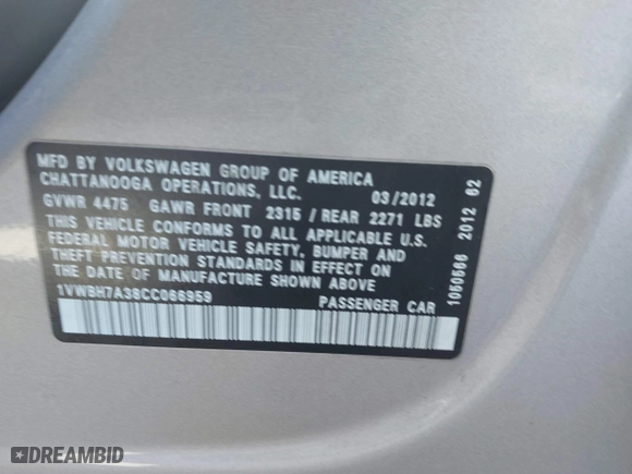 2012 Volkswagen Passat SE with VIN 1VWBH7A38CC066959, listed as a IAAI auction lot 41947804 with 171,738 mi miles. Bid and sale history available at carsss.com. Image 9.