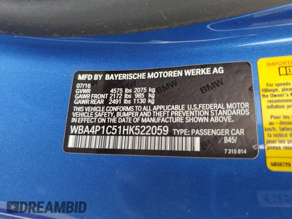 2017 BMW 4 Series 440i with VIN WBA4P1C51HK522059, listed as a Copart auction lot 60255554 with 76,289 mi miles and Salvage Title. Bid and sale history available at carsss.com. Image 13.