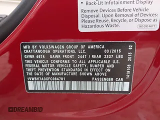 2015 Volkswagen Passat SE с VIN 1VWBV7A3XFC084781, выставлен на аукционе IAAI как лот 42166966 с пробегом 85 109 миль миль и . История ставок и продаж доступна на DreamBid. Изображение 9.