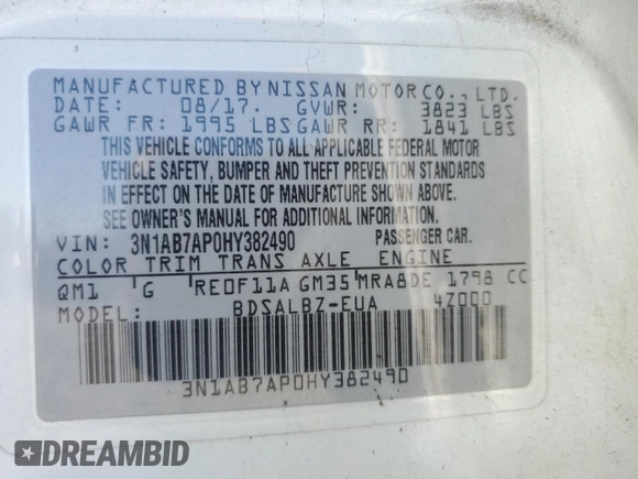 2017 Nissan Sentra S z VIN 3N1AB7AP0HY382490, wystawiony jako Copart lot #59238945 z przebiegiem 134 336 mil mil oraz Szkoda całkowita • Salvage title. Historia ofert i sprzedaży dostępna na DreamBid. Obrazek 12.