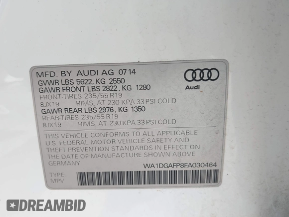 2015 Audi Q5 Premium Plus with VIN WA1DGAFP8FA030464, listed as a IAAI auction lot 42522003 with 111,661 mi miles and . Bid and sale history available at DreamBid. Image 9.