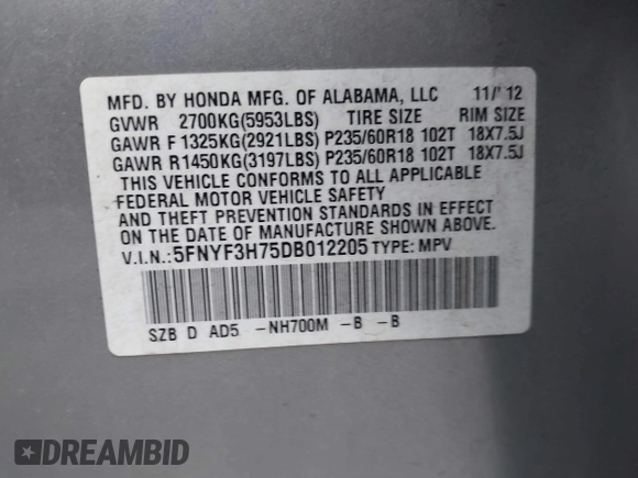 2013 Honda Pilot EX-L with VIN 5FNYF3H75DB012205, listed as a IAAI auction lot 41797084 with 181,577 mi miles and . Bid and sale history available at DreamBid. Image 9.