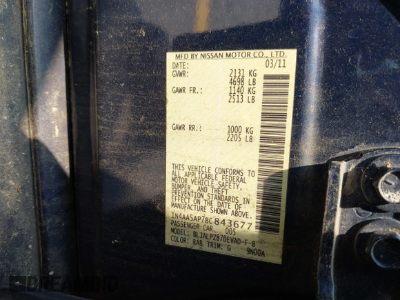 2011 Nissan Maxima SV z VIN 1N4AA5AP7BC843677, wystawiony jako IAAI lot #42407646 z przebiegiem 131 640 mil mil oraz . Historia ofert i sprzedaży dostępna na DreamBid. Obrazek 9.