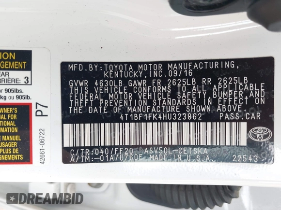 2017 Toyota Camry XLE z VIN 4T1BF1FK4HU323862, wystawiony jako IAAI lot #42066574 z przebiegiem 66 045 mil mil oraz . Historia ofert i sprzedaży dostępna na DreamBid. Obrazek 9.
