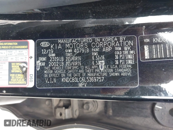 2020 Kia Niro LXS with VIN KNDCB3LC6L5369757, listed as a IAAI auction lot 41461384 with 143,926 mi miles. Bid and sale history available at carsss.com. Image 9.