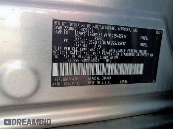 2021 Toyota RAV4 Hybrid XLE with VIN 4T3RWRFV0MU036978, listed as a Copart auction lot 52803505 with 21,085 mi miles and Salvage Title. Bid and sale history available at carsss.com. Image 14.