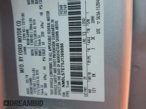 2018 Ford Transit Connect XL z VIN NM0LS7E75J1369886, wystawiony jako Copart lot #58410775 z przebiegiem Nie podano mil oraz Szkoda całkowita • Salvage title. Historia ofert i sprzedaży dostępna na DreamBid. Obrazek 14.