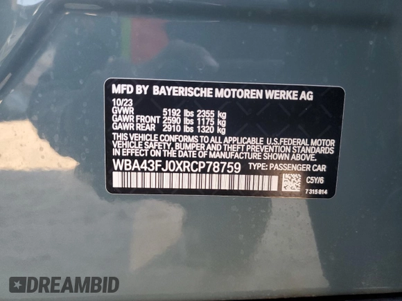 2024 BMW 5 Series 530i with VIN WBA43FJ0XRCP78759, listed as a Copart auction lot 85155834 with 0 mi miles and Salvage Title. Bid and sale history available at carsss.com. Image 12.