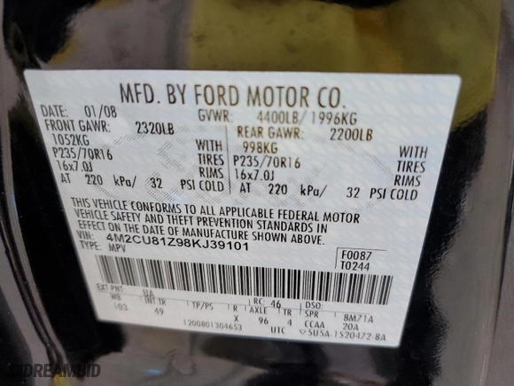 2008 Mercury Mariner with VIN 4M2CU81Z98KJ39101, listed as a Copart auction lot 85359614 with 215,565 mi miles and Salvage Title. Bid and sale history available at carsss.com. Image 14.