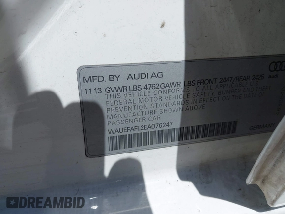 2014 Audi A4 Premium Plus with VIN WAUEFAFL2EA076247, listed as a IAAI auction lot 42134356 with 92,739 mi miles and . Bid and sale history available at DreamBid. Image 9.