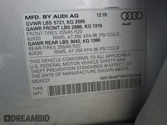 2019 Audi SQ5 Premium Plus with VIN WA1B4AFY9K2033449, listed as a Copart auction lot 72189954 with 32,027 mi miles and Salvage Title. Bid and sale history available at DreamBid. Image 15.